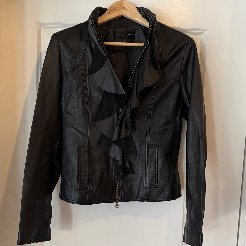 Bagatelle Ruffled Black Leather Jacket